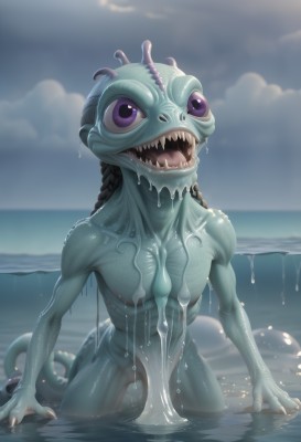 1girl,solo,long hair,breasts,looking at viewer,open mouth,medium breasts,purple eyes,tail,braid,nude,outdoors,sky,teeth,tongue,artist name,cloud,water,wet,no humans,colored skin,ocean,beach,cloudy sky,sharp teeth,monster girl,tentacles,wading,monster,extra eyes,alien,black hair,day,blurry,blue skin,horizon,green skin,dripping,slime (substance)