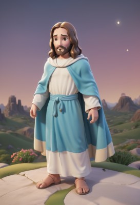 solo,brown hair,long sleeves,1boy,brown eyes,standing,full body,flower,male focus,outdoors,sky,hood,medium hair,cape,night,facial hair,sandals,hood down,grass,aged down,child,star (sky),cloak,beard,robe,mustache,arms at sides,male child,1girl,dress,toes,moon,rock