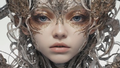 1girl,solo,long hair,looking at viewer,blue eyes,simple background,white background,white hair,grey hair,parted lips,choker,artist name,grey background,lips,grey eyes,eyelashes,headgear,watermark,portrait,close-up,freckles,realistic,bangs,closed mouth,expressionless,tentacles,nose