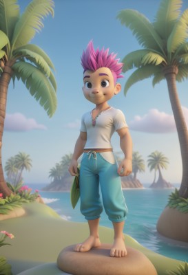 solo,looking at viewer,smile,short hair,shirt,1boy,holding,brown eyes,jewelry,closed mouth,standing,full body,white shirt,pink hair,purple hair,flower,short sleeves,male focus,outdoors,sky,barefoot,day,pants,cloud,water,necklace,tree,blue sky,ocean,beach,thick eyebrows,spiked hair,child,sand,palm tree,holding clothes,blue pants,male child,coconut,artist name,watermark,web address,rock,mohawk