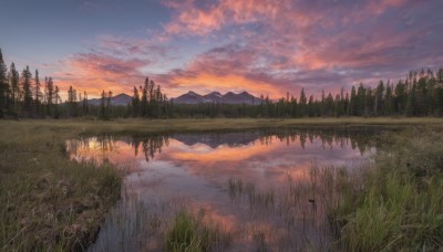 outdoors,sky,cloud,water,tree,blue sky,no humans,cloudy sky,grass,nature,scenery,forest,reflection,sunset,mountain,river,twilight,evening,landscape,mountainous horizon,lake,gradient sky,reflective water,field