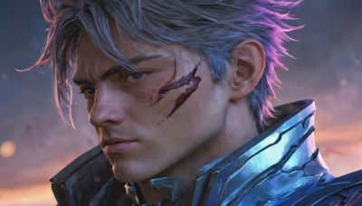 solo,looking at viewer,short hair,bangs,1boy,brown eyes,closed mouth,jacket,white hair,grey hair,male focus,sky,artist name,signature,blurry,lips,grey eyes,blurry background,scar,portrait,scar on face,close-up,realistic,nose,blue eyes,blue hair,outdoors,lens flare,sunset