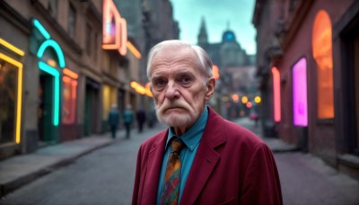 HQ,solo,looking at viewer,blue eyes,shirt,1boy,closed mouth,jacket,upper body,white hair,grey hair,male focus,outdoors,necktie,sky,solo focus,day,collared shirt,blurry,blurry background,facial hair,formal,suit,blue shirt,building,beard,red jacket,city,realistic,road,bald,old,yellow necktie,old man,street,wrinkled skin,short hair,signature,nose,argyle