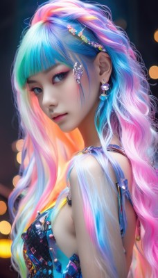 1girl,solo,long hair,breasts,looking at viewer,bangs,hair ornament,dress,bare shoulders,jewelry,medium breasts,closed mouth,blue hair,upper body,pink hair,multicolored hair,earrings,hairclip,blunt bangs,blurry,black eyes,from side,two-tone hair,lips,see-through,looking to the side,grey eyes,eyelashes,aqua hair,sideboob,gradient hair,makeup,blurry background,blue dress,gem,eyeshadow,realistic,nose,eyeliner,mascara,blue eyes,artist name,necklace,depth of field,watermark,wavy hair,web address,bokeh,pearl (gemstone)