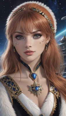 1girl,solo,long hair,breasts,looking at viewer,bangs,brown hair,cleavage,brown eyes,jewelry,medium breasts,collarbone,upper body,earrings,parted lips,sky,choker,artist name,necklace,star (symbol),orange hair,lips,fur trim,eyelashes,makeup,night,watermark,gem,portrait,star (sky),night sky,starry sky,freckles,realistic,nose,hair ornament,tiara,space,planet