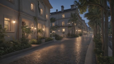 outdoors,sky,water,tree,no humans,window,night,plant,building,star (sky),night sky,scenery,starry sky,door,potted plant,light,road,bush,house,lamppost,street,grass,sign,path,pavement