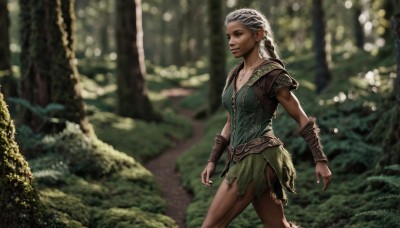 1girl,solo,long hair,breasts,skirt,cleavage,jewelry,medium breasts,standing,braid,white hair,earrings,outdoors,artist name,dark skin,necklace,nail polish,armor,blurry,dark-skinned female,tree,lips,single braid,depth of field,blurry background,piercing,nature,forest,walking,realistic,nose,bracer,tribal,smile,blue eyes,pointy ears,belt,signature