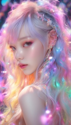 1girl,solo,long hair,looking at viewer,bangs,blonde hair,hair ornament,bare shoulders,jewelry,blue hair,upper body,pink hair,flower,multicolored hair,earrings,parted lips,hair flower,blurry,from side,lips,grey eyes,eyelashes,gradient hair,makeup,wavy hair,piercing,ear piercing,portrait,eyeshadow,pink lips,realistic,nose,mascara,rainbow hair,closed mouth,artist name,looking to the side,sparkle,gem,light particles,eyeliner,colorful