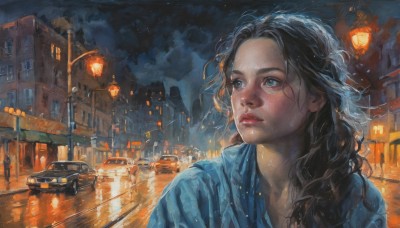 1girl,solo,long hair,blue eyes,brown hair,black hair,outdoors,parted lips,sky,solo focus,cloud,water,lips,wet,dutch angle,night,wavy hair,looking away,cloudy sky,looking up,ground vehicle,building,night sky,scenery,motor vehicle,reflection,rain,city,realistic,nose,car,light,road,looking afar,lamppost,street,upper body,traditional media,portrait,wet hair,lights