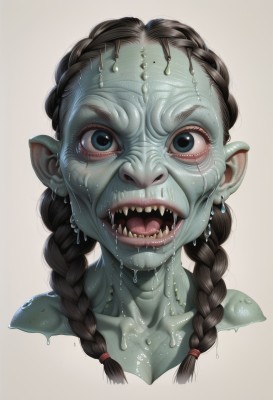 1girl,solo,long hair,looking at viewer,open mouth,blue eyes,simple background,black hair,braid,teeth,tongue,pointy ears,tongue out,grey background,black eyes,twin braids,wet,saliva,colored skin,fangs,monster girl,portrait,green skin,dripping,horror (theme),orc,goblin,breasts,brown hair,white background,cleavage,jewelry,collarbone,earrings,sharp teeth,hair over shoulder,meme,realistic,nose,blue skin,cropped shoulders