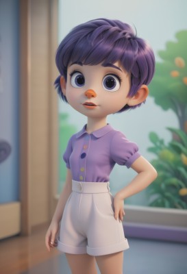 1girl,solo,looking at viewer,short hair,open mouth,bangs,shirt,standing,purple eyes,purple hair,short sleeves,male focus,cowboy shot,outdoors,parted lips,shorts,teeth,day,puffy sleeves,collared shirt,indoors,blurry,tree,puffy short sleeves,lips,hand on hip,short shorts,window,buttons,depth of field,blurry background,ring,child,freckles,white shorts,door,purple shirt,female child,shirt tucked in,male child,buck teeth,blue eyes,eyelashes,upper teeth only,plant,high-waist shorts