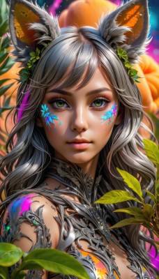 1girl,solo,long hair,breasts,looking at viewer,smile,bangs,hair ornament,animal ears,cleavage,medium breasts,closed mouth,green eyes,upper body,flower,grey hair,artist name,blurry,lips,animal ear fluff,fox ears,eyelashes,tattoo,makeup,swept bangs,leaf,facial mark,plant,portrait,eyeshadow,pink lips,nose,eyeliner,facepaint,mascara,jewelry,hair flower,rabbit ears,close-up