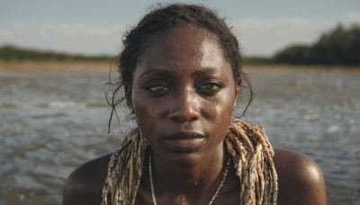 1girl,solo,looking at viewer,short hair,brown hair,black hair,brown eyes,jewelry,upper body,earrings,outdoors,parted lips,day,dark skin,water,necklace,mole,blurry,dark-skinned female,lips,mole under eye,depth of field,blurry background,ocean,portrait,freckles,realistic,very dark skin,photo background,dreadlocks,tribal,mole on cheek,yellow eyes,sweat,sky,beach,tank top,messy hair,dirty,dirty face