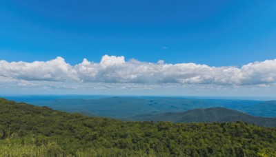 outdoors,sky,day,cloud,tree,blue sky,no humans,cloudy sky,grass,nature,scenery,forest,mountain,horizon,field,landscape,mountainous horizon,hill,water,ocean