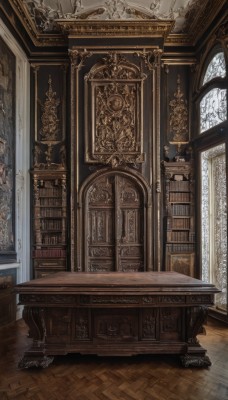 day,indoors,book,no humans,window,table,sunlight,scenery,wooden floor,stairs,bookshelf,architecture,pillar,statue,library,carpet,church,arch,chandelier,chair,clock,painting (object),still life