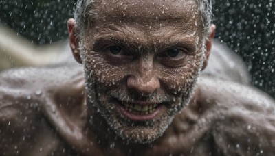 solo,looking at viewer,smile,1boy,male focus,teeth,grin,blurry,black eyes,facial hair,portrait,beard,snow,close-up,snowing,realistic,mustache,bald,manly,old,old man,open mouth,white hair,grey hair,rain