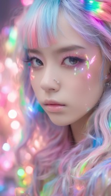 1girl,solo,long hair,looking at viewer,bangs,blue eyes,jewelry,closed mouth,blue hair,pink hair,multicolored hair,blurry,black eyes,lips,grey eyes,eyelashes,makeup,depth of field,blurry background,watermark,piercing,portrait,web address,close-up,eyeshadow,realistic,nose,colorful,mascara,rainbow hair,artist name,blunt bangs,expressionless,pink lips,bokeh