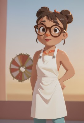 1girl,solo,breasts,looking at viewer,smile,short hair,brown hair,bare shoulders,brown eyes,standing,collarbone,small breasts,parted lips,glasses,pants,indoors,dark skin,hair bun,blurry,apron,dark-skinned female,double bun,blurry background,thick eyebrows,white apron,black-framed eyewear,hands on hips,female child,open mouth,hand on hip,ferris wheel