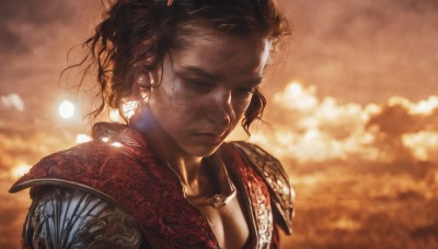 1girl,solo,short hair,brown hair,1boy,jewelry,closed mouth,closed eyes,upper body,male focus,earrings,outdoors,sky,cloud,dark skin,necklace,armor,blurry,lips,tattoo,depth of field,blurry background,shoulder armor,messy hair,portrait,lens flare,curly hair,pauldrons,realistic,sun,shoulder pads,looking down,sunlight,cloudy sky,backlighting,sunset