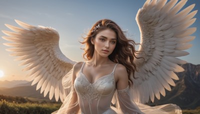 1girl,solo,long hair,breasts,looking at viewer,brown hair,hair ornament,dress,cleavage,bare shoulders,brown eyes,medium breasts,closed mouth,collarbone,upper body,outdoors,detached sleeves,wings,sky,day,signature,white dress,blurry,lips,see-through,blurry background,wavy hair,feathered wings,sunset,angel wings,mountain,realistic,white wings,sun,angel,parted lips,backlighting