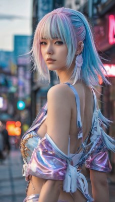 1girl,solo,breasts,looking at viewer,short hair,bangs,blue eyes,bare shoulders,jewelry,medium breasts,closed mouth,underwear,blue hair,upper body,pink hair,white hair,multicolored hair,earrings,outdoors,parted lips,midriff,looking back,medium hair,off shoulder,blurry,two-tone hair,lips,see-through,depth of field,blurry background,back,piercing,ear piercing,realistic,nose,brown eyes,from behind,bra