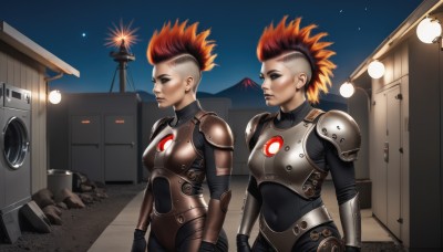 breasts,short hair,multiple girls,gloves,2girls,red hair,multicolored hair,outdoors,sky,orange hair,armor,two-tone hair,lips,bodysuit,covered navel,night,spiked hair,shoulder armor,star (sky),genderswap,night sky,genderswap (mtf),dual persona,starry sky,science fiction,pauldrons,breastplate,realistic,nose,undercut,shoulder pads,power armor,mohawk,jewelry,earrings,tattoo,piercing,very short hair,concept art