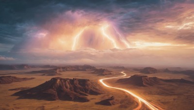 outdoors,sky,cloud,no humans,sunlight,cloudy sky,scenery,sunset,rock,mountain,fantasy,sand,horizon,electricity,lightning,landscape,mountainous horizon,desert,cliff,ocean,beach,light rays,orange theme