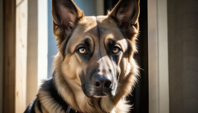 HQ,solo,looking at viewer,brown eyes,yellow eyes,indoors,blurry,collar,orange eyes,no humans,animal,portrait,close-up,dog,realistic,door,animal focus,blurry background,shiba inu