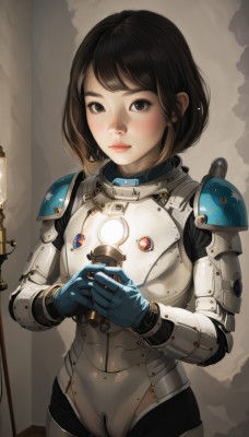 1girl,solo,looking at viewer,blush,short hair,bangs,brown hair,black hair,gloves,brown eyes,closed mouth,standing,cowboy shot,armor,black eyes,lips,bodysuit,bob cut,own hands together,shoulder armor,science fiction,pauldrons,breastplate,blue gloves,holding,realistic,nose,spacesuit