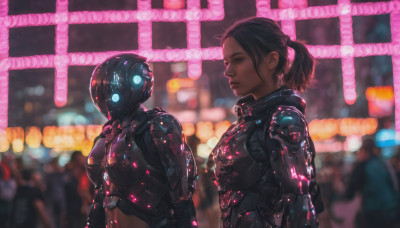 multiple girls, brown hair, 2girls, upper body, ponytail, blurry, blurry background, glowing, helmet, science fiction, realistic, cyberpunk, neon lights