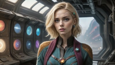 HQ,1girl,solo,looking at viewer,short hair,blue eyes,blonde hair,hair ornament,jewelry,upper body,earrings,parted lips,hairclip,lips,makeup,robot,mecha,science fiction,realistic,nose,spacecraft,cockpit,bodysuit,lipstick