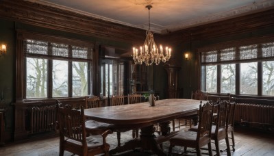 day,indoors,tree,cup,no humans,window,shadow,chair,table,sunlight,plant,scenery,snow,wooden floor,stairs,potted plant,light,lamp,candle,architecture,winter,bare tree,vase,carpet,candlestand,ceiling light,chandelier,wooden table,wooden chair