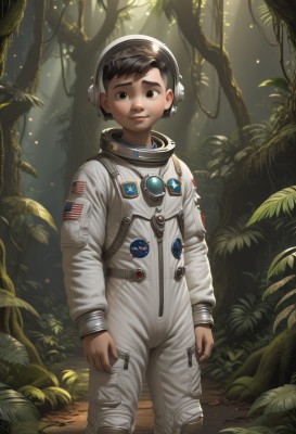 solo,looking at viewer,smile,short hair,brown hair,black hair,1boy,brown eyes,closed mouth,standing,male focus,outdoors,black eyes,tree,plant,child,nature,forest,realistic,male child,american flag,spacesuit,japanese flag,astronaut,lips,phone,sunlight,helmet,cellphone,smartphone,science fiction,light rays,nose,arms at sides,space helmet