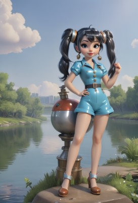 1girl,solo,long hair,breasts,looking at viewer,smile,blue eyes,black hair,twintails,jewelry,medium breasts,standing,full body,short sleeves,earrings,small breasts,outdoors,sky,shoes,shorts,day,puffy sleeves,shiny,belt,artist name,cloud,water,nail polish,black eyes,high heels,tree,blue sky,puffy short sleeves,lips,hand on hip,makeup,brown footwear,grass,blue shirt,robot,lipstick,blue shorts,rock,red lips,river,pond,shirt,hair ornament,dress,ahoge,legs,short shorts