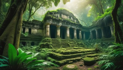 outdoors,day,water,tree,no humans,leaf,sunlight,grass,plant,building,nature,scenery,forest,light rays,rock,stairs,sunbeam,ruins,vines,green theme,moss,overgrown,fantasy,pillar,arch