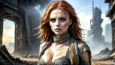 HQ,1girl,solo,long hair,breasts,looking at viewer,blue eyes,large breasts,brown hair,cleavage,medium breasts,upper body,outdoors,parted lips,sky,day,cloud,scarf,lips,torn clothes,scar,building,science fiction,injury,city,realistic,nose,ruins,dirty,desert,dirty face,red hair,teeth,orange hair,sunlight,freckles