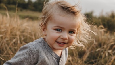 1girl,solo,looking at viewer,smile,short hair,open mouth,blue eyes,blonde hair,shirt,upper body,outdoors,teeth,signature,blurry,grey eyes,floating hair,depth of field,blurry background,child,portrait,realistic,female child,1boy,male focus,day,wind