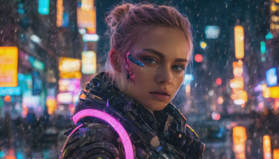 1girl, solo, looking at viewer, short hair, blue eyes, upper body, pink hair, parted lips, hair bun, blurry, lips, night, single hair bun, portrait, freckles, science fiction, rain, realistic, nose, cyborg, cyberpunk, neon lights