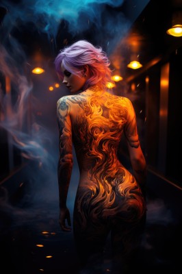 1girl,solo,short hair,jewelry,standing,closed eyes,pink hair,ass,nude,multicolored hair,cowboy shot,earrings,looking back,dark skin,from behind,dark-skinned female,tattoo,makeup,back,fire,smoke,nose,arm tattoo,back tattoo,full-body tattoo,purple hair,white hair,lips,completely nude,gradient hair,glowing,piercing,ear piercing,stud earrings