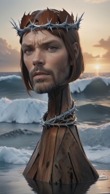 solo,looking at viewer,short hair,blue eyes,brown hair,1boy,upper body,male focus,outdoors,parted lips,sky,cloud,water,facial hair,ocean,crown,portrait,beard,spikes,partially submerged,sunset,mountain,mustache,sun,mountainous horizon,teeth,snow,realistic,thorns,sunrise,barbed wire