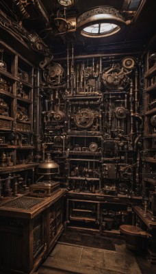 monochrome,indoors,no humans,window,table,bottle,scenery,stairs,clock,bookshelf,sepia,shelf,gears,brown theme,steampunk,book,sunlight,lamp,book stack,library,ceiling,roman numeral,ceiling light,cabinet,globe,analog clock,wall clock,loaded interior