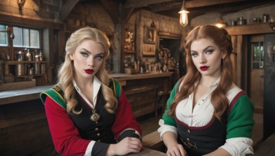 long hair,breasts,looking at viewer,blue eyes,multiple girls,blonde hair,brown hair,shirt,long sleeves,2girls,cleavage,brown eyes,jewelry,medium breasts,sitting,white shirt,upper body,braid,earrings,parted lips,indoors,necklace,vest,lips,grey eyes,window,makeup,siblings,table,bottle,lipstick,sisters,eyeshadow,curly hair,red lips,green vest,shelf,wine bottle,mascara,bar (place),counter,mole,freckles