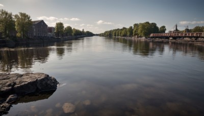 outdoors,sky,day,cloud,water,tree,blue sky,no humans,ocean,building,nature,scenery,reflection,rock,house,bridge,river,forest,landscape