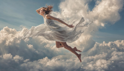 1girl, solo, short hair, brown hair, dress, sky, barefoot, day, cloud, white dress