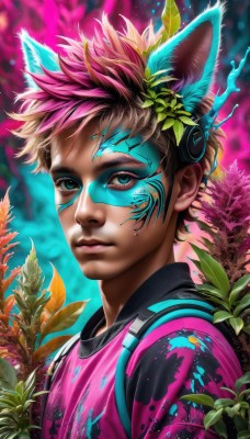 solo,looking at viewer,short hair,bangs,blue eyes,brown hair,shirt,1boy,animal ears,brown eyes,closed mouth,green eyes,upper body,pink hair,male focus,multicolored hair,artist name,cat ears,signature,blurry,two-tone hair,lips,eyelashes,makeup,blurry background,fake animal ears,leaf,watermark,facial mark,backpack,plant,spiked hair,portrait,pink shirt,realistic,nose,facepaint,multicolored background,paint splatter,paint,splatter,bag,headphones,web address,extra ears