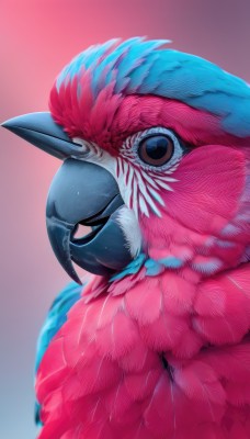 solo,looking at viewer,simple background,brown eyes,closed mouth,upper body,artist name,blurry,from side,gradient,gradient background,no humans,bird,animal,pink background,feathers,portrait,realistic,animal focus,beak,blue feathers,horns,black eyes,pokemon (creature),single horn,fish