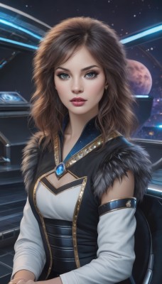 1girl,solo,long hair,breasts,looking at viewer,blue eyes,brown hair,cleavage,jewelry,medium breasts,sitting,upper body,earrings,detached sleeves,lips,fur trim,window,makeup,moon,cleavage cutout,own hands together,lipstick,gem,star (sky),science fiction,realistic,nose,red lips,space,planet,bangs,dress,parted lips,artist name,grey eyes,clothing cutout,eyelashes,chair,corset,eyeshadow,mascara