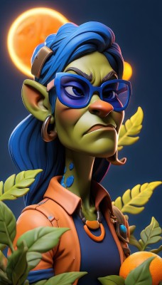 1girl,solo,long hair,blue eyes,shirt,hair ornament,jewelry,closed mouth,blue hair,jacket,upper body,earrings,food,open clothes,glasses,pointy ears,necklace,open jacket,fruit,colored skin,frown,leaf,moon,sunglasses,hoop earrings,blue skin,green skin,orange (fruit),alien,blue-tinted eyewear,looking at viewer,1boy,male focus,sky,collared shirt,artist name,blurry,lips,night,thick eyebrows,goggles,full moon,serious,nose,overalls,orange shirt