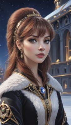 1girl,solo,long hair,looking at viewer,bangs,brown hair,brown eyes,jewelry,upper body,hairband,earrings,outdoors,sky,necklace,blurry,lips,fur trim,makeup,night,brooch,gem,star (sky),night sky,starry sky,freckles,realistic,nose,parted lips,artist name,eyelashes,building