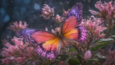 flower, wings, blurry, no humans, depth of field, blurry background, animal, leaf, bug, plant, butterfly, pink flower, realistic, purple flower, antennae, animal focus, butterfly wings